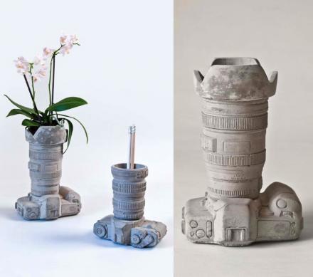 Cement Camera Shaped Vase or Desk Organizer